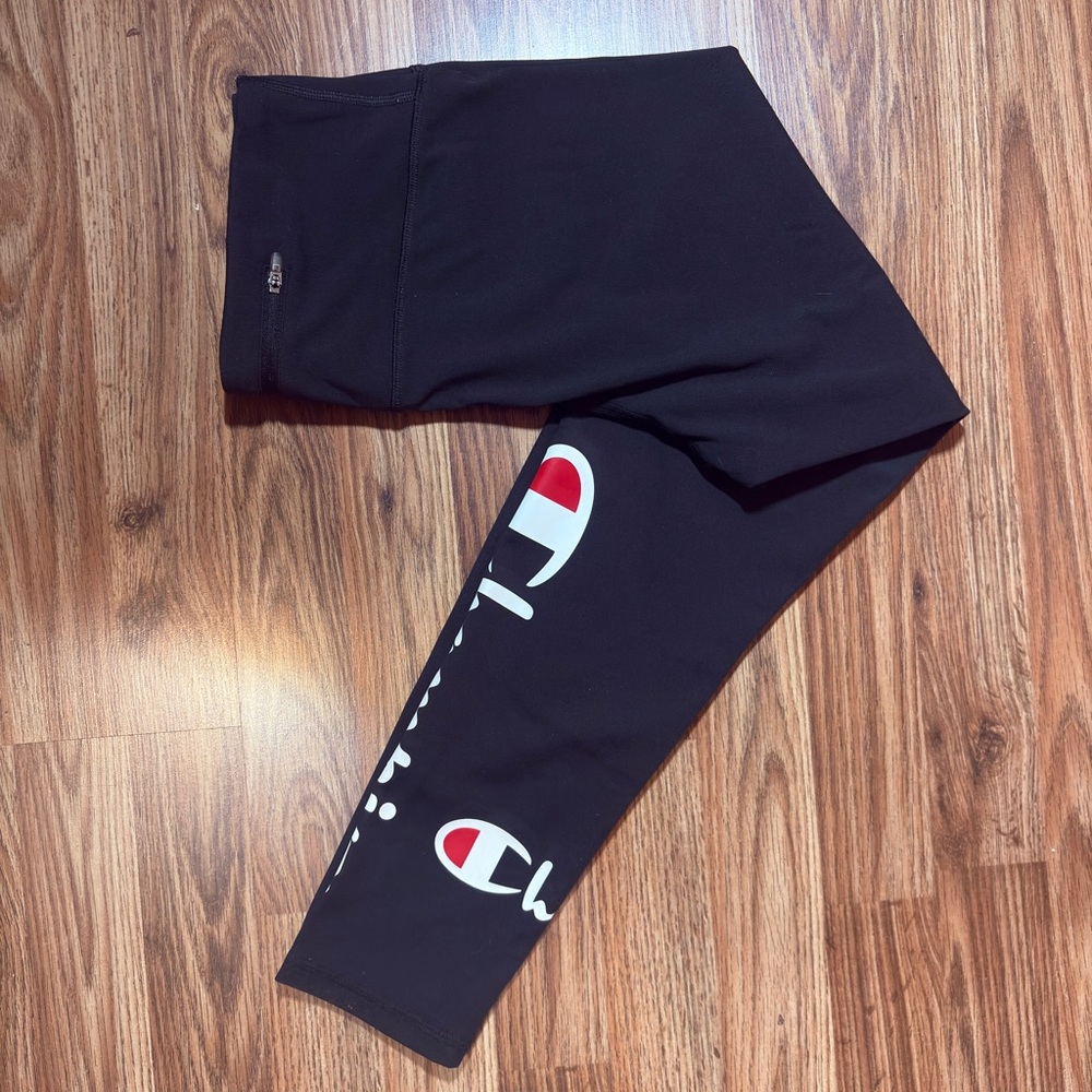 Champion Black Leggings with White & Red Logo Accents